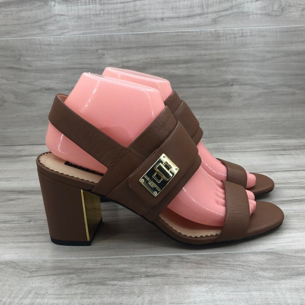 Karl Lagerfeld Sandals Womens 8M Paris Jaylynn Brown Leather Slip On Heeled Shoe